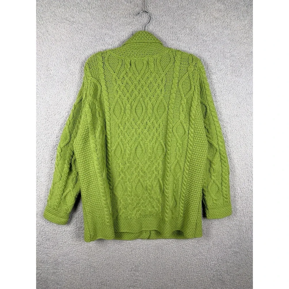 Aran Crafts Cardigan Sweater Womens Size L Green 100% Merino Wool Cable Knit